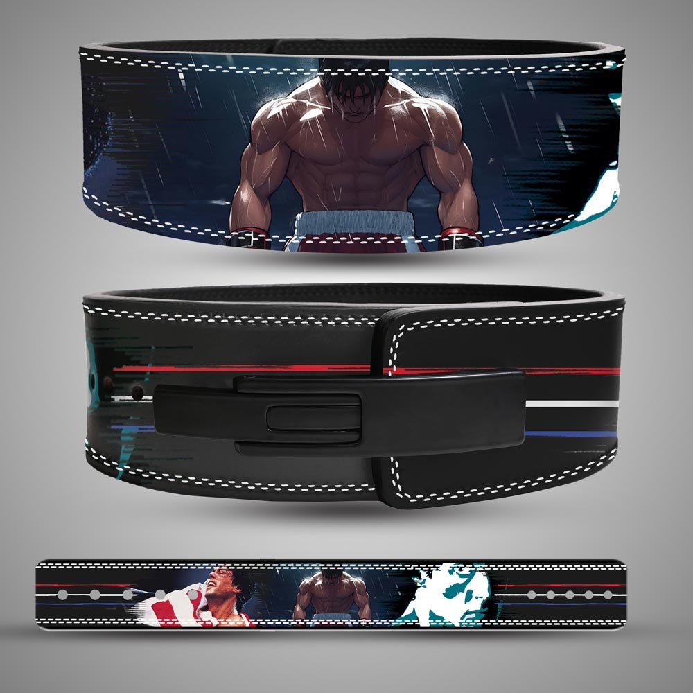 Custom split leather 13mm boxing anime lifting belt with Rocky Balboa style artwork.