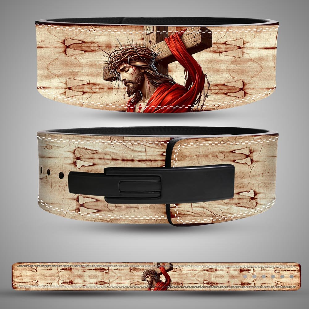 Christian Weightlifting Lever Belt featuring Jesus carrying the cross on premium leather