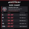 Weightlifting belt size chart for S through 2XL with waist measurements in inches and centimetres